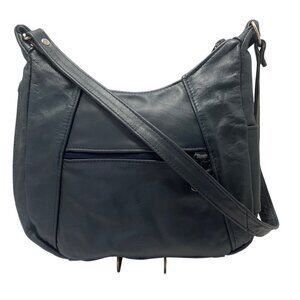 Blue Leather Crossbody Shoulder Bag With Zippered Compartments & Adjustable Stra